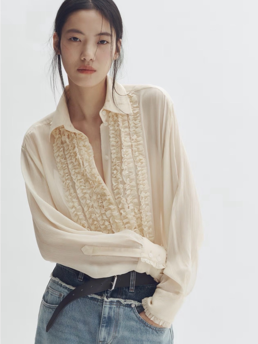 SILK-BLEND BLOUSE WITH RUFFLED BIB